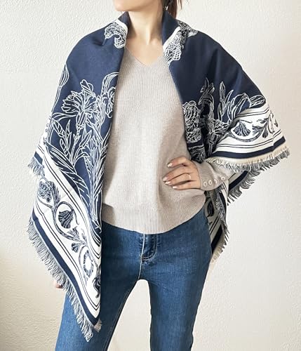 stylesilove Women Navy Blue Floral Reversible Cashmere Scarf Warm Ultra Soft Square Shawl Lightweight Wraps for Autumn and Winter