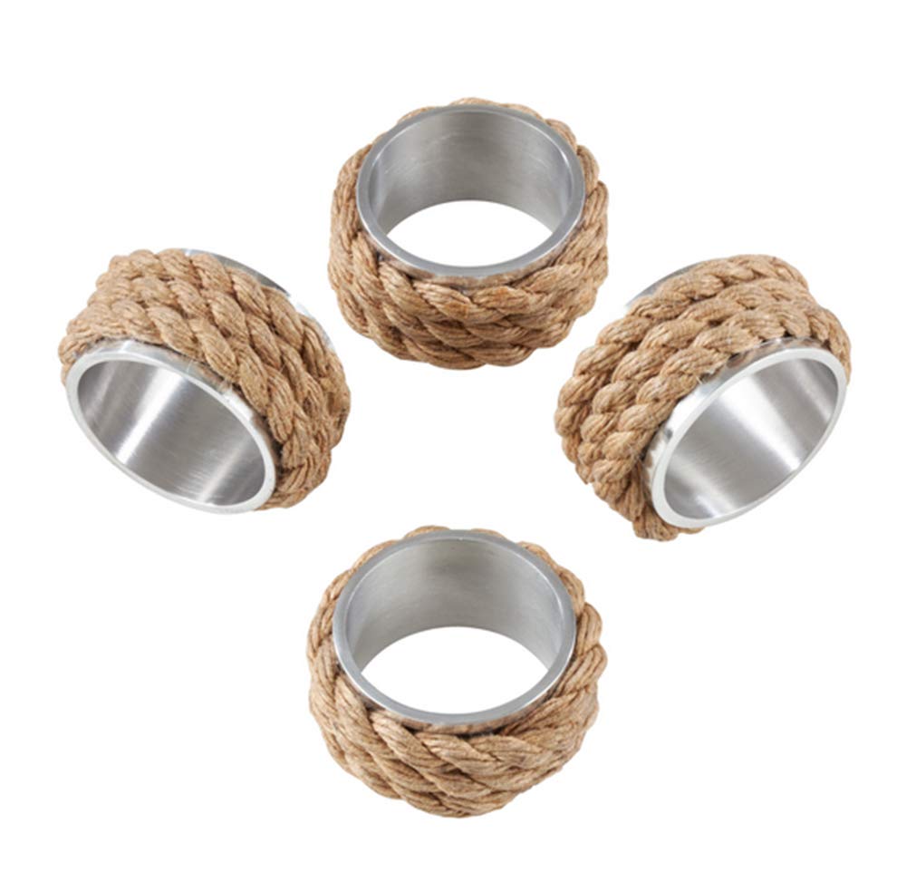 Fennco Styles Nautical Rope Design Aluminum Napkin Rings for Home Decor or Everyday Dining, Set of 4, Natural