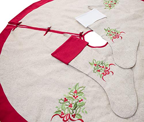 Fennco Styles Embroidered Holly Christmas Tree Holiday Decorative Tree Skirt