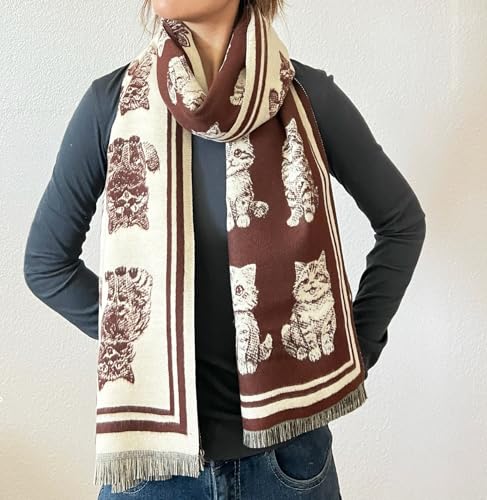 stylesilove Women Cute Kitten Print Cashmere Scarf Warm Ultra Soft Fringe Scarves Shawl Neck Wraps for Autumn and Winter