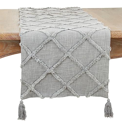 Fennco Styles Modern Diamond Tufted Cotton Table Runner 16" W x 72" L - Grey Geometric Rectangular Table Cover for Boho Décor, Dining Table, Banquets, Family Gathering and Special Events