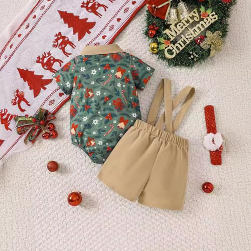 stylesilove Infant Baby Boy Green Christmas Printed Short Sleeve Bodysuit and Suspender Shorts 2pcs Holiday Xmas Outfit