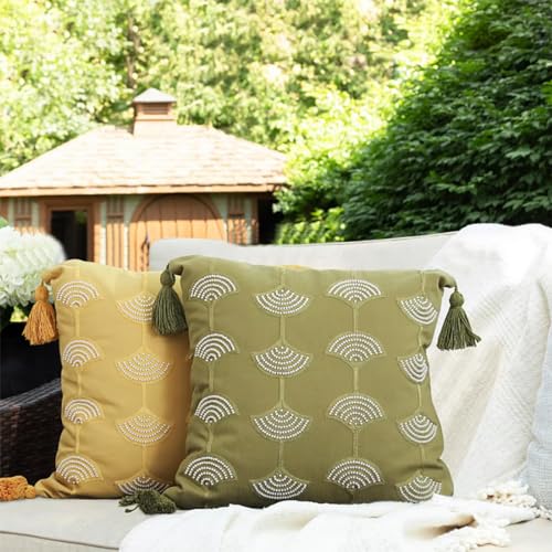 Fennco Styles Hand Beaded Embroidery Ginkgo Leaf Throw Pillow Cover with Tassel 18" W x 18" L - Green Leaves Cotton Cushion Case for Home, Couch, Living Room, Bedroom and Office Décor