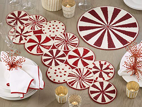 Fennco Styles Holiday Peppermint Candy Cane Hand Beaded Table Runner - Christmas Table Cover for Home Décor, Family Gathering, Banquets and Special Occasion