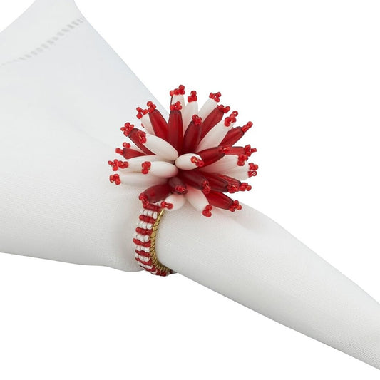 Fennco Styles Hand Beaded Bouquet Holiday Napkin Rings, Set of 4 - Red & White Decorative Napkin Holders for Dining Room, Banquet, Family Gathering, Christmas and Special Occasion