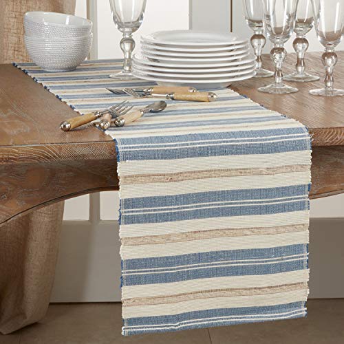 Fennco Styles Modern Water Hyacinth Woven Striped Table Runner - Blue Ivory Table Cover for Home Décor, Dining Table, Banquets, Holiday and Special Events