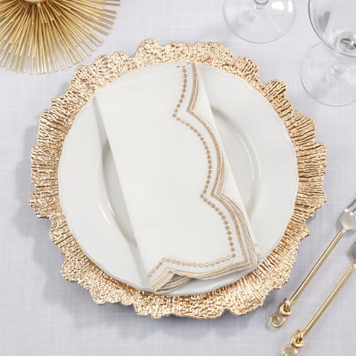 Fennco Styles Embroidered Polka Dot Scallop Border Cloth Napkins 20" W x 20" L, Set of 4 - Silver Elegant Dinner Napkins for Everyday Use, Holidays, Christmas, and Weddings