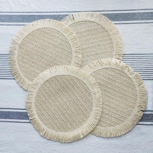Fennco Styles Woven Round Fringe Solid Color Placemats 14" Round, Set of 4