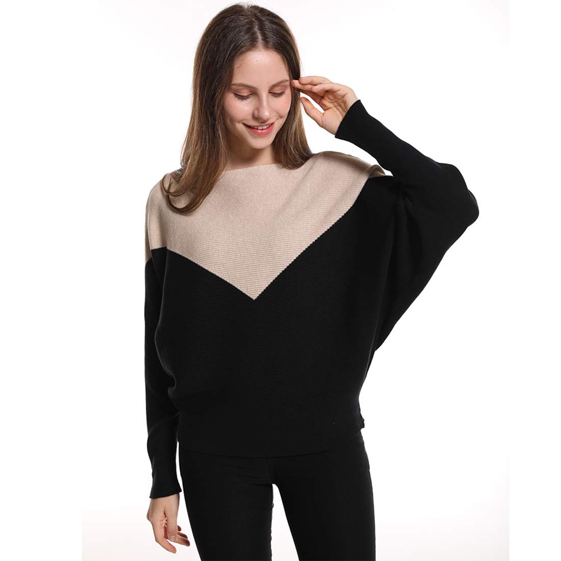 Styles I Love Women Autumn Winter Two-Tone Boat Neck Batwing Sleeve Pullover Knitted Sweater Long Sleeve Loose Top