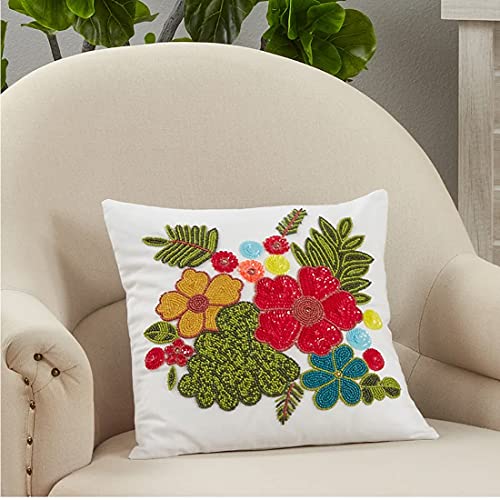 Fennco Styles Hand Beaded Flowers Cotton Throw Pillow 16" W x 16" L - Multicolored Floral Cushion for Home, Couch, Living Room, Seasonal Décor, Special Occasion