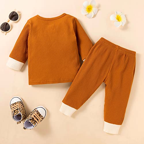 stylesilove Baby Boys Girls Solid Long Sleeve Henley Top & Pants 2pcs Set Unisex Toddler Ribbed Cotton Outfit
