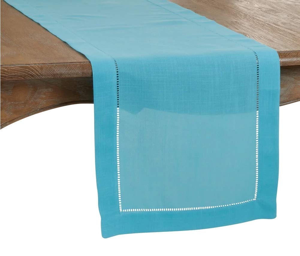 Fennco Styles Classic Hemstitch Design Rectangular Table Runner – 16" W x 72" L Turquoise Table Cover for Home Décor, Dining Table, Banquets, Holidays and Special Occasions