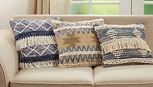 Fennco Styles Multi Texture Chindi Cotton Jute Decorative Throw Pillow 18" W x 18" L - Natural Square Cushion for Home, Couch, Living Room, Bedroom, Office and Holiday Décor