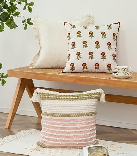Fennco Styles Embroidered Spring Floral Decorative Throw Pillow Cover 18" W x 18" L - Flower Woven Cushion Case for Home, Couch, Living Room, Bedroom, Office and Holiday Décor