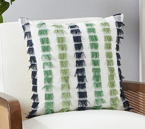 Fennco Styles Boho Striped Fringe Cotton Decorative Throw Pillow 20" W X 20" L – Blue Textured Cushion for Couch, Sofa, Bedroom, Office and Living Room Décor