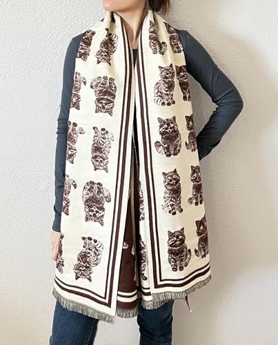 stylesilove Women Cute Kitten Print Cashmere Scarf Warm Ultra Soft Fringe Scarves Shawl Neck Wraps for Autumn and Winter