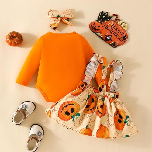 stylesilove Infant Baby Girl Orange Long Sleeve Romper Pumpkin Print Overall Dress with Headband 3pcs Halloween Outfit