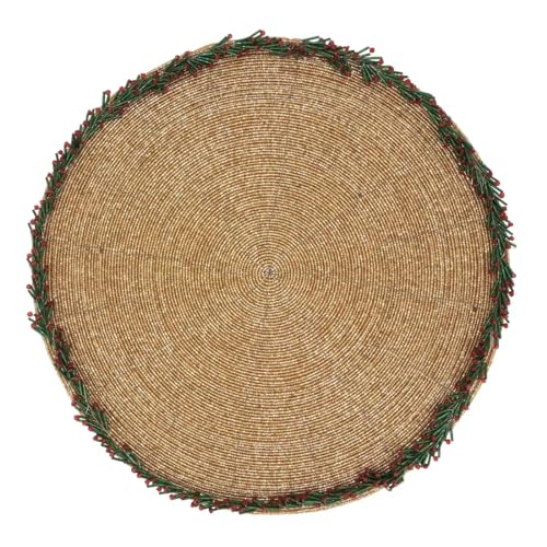 Fennco Styles Sparkly Beaded Wreath Border Holiday Placemat 15" Round, Set of 4 - Gold Glass Beads Table Mat for Home Décor, Family Gathering, Banquets, Christmas and Special Occasion