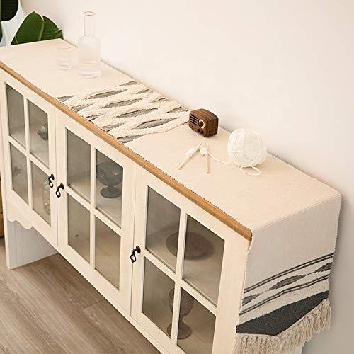 Fennco Styles Geometric Design Canvas Cotton Table Runner with Tassels – 14”W x 71”L Table Cover for Home Décor, Dining Table, Banquets, Holidays and Special Occasions