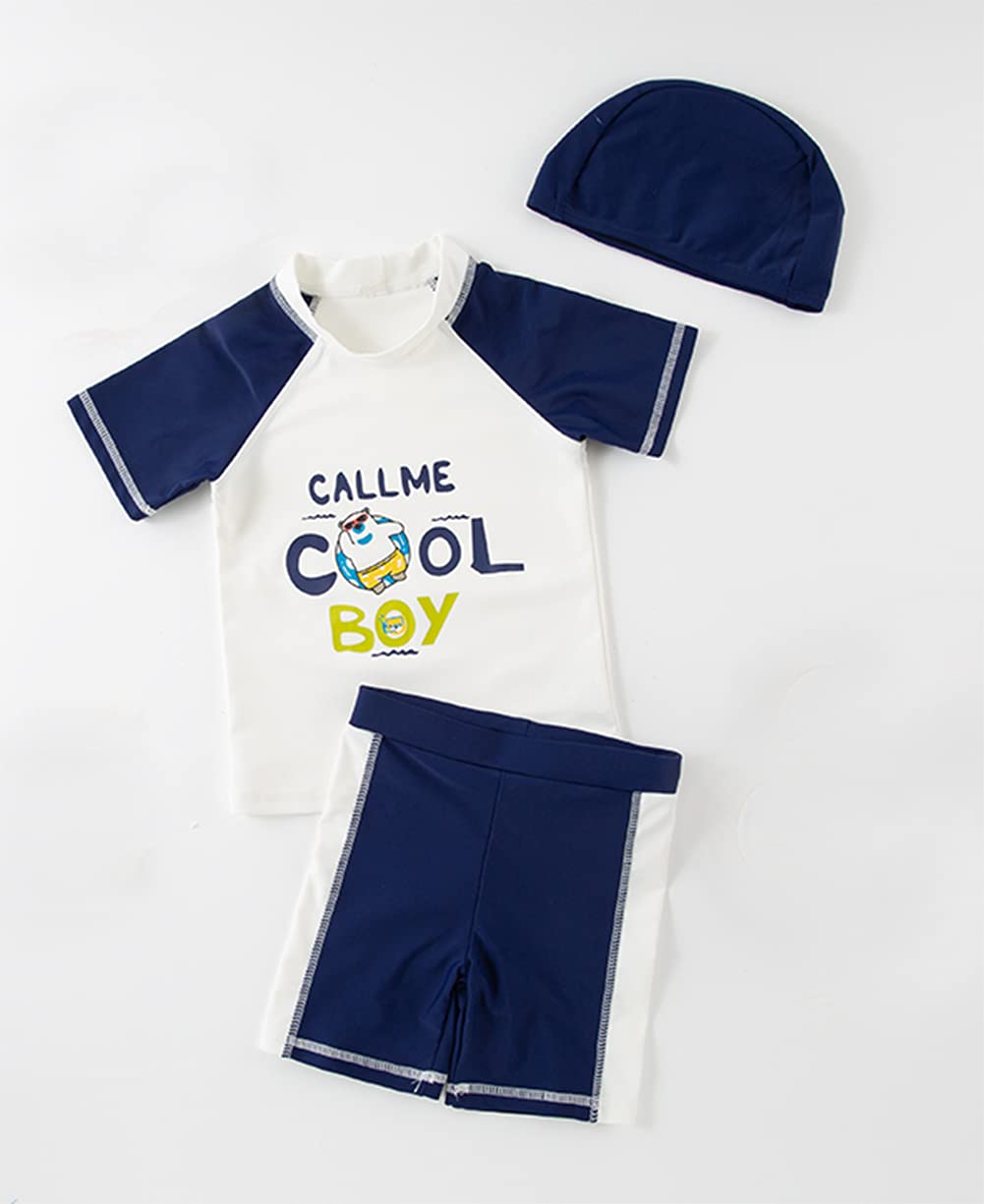 Styles I Love Kid Boys CALL ME COOL BOY Printed Short Sleeve Rash Guard Set and Hat 3pcs White Swimsuit Beach Bathing Suit