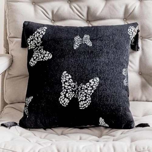 Fennco Styles Jacquard Butterfly Tassel Decorative Filled Throw Pillow 18" W X 18" L – Black Woven Square Cushion for Couch, Sofa, Bedroom, Office and Living Room Décor