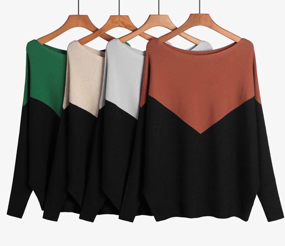 Styles I Love Women Autumn Winter Two-Tone Boat Neck Batwing Sleeve Pullover Knitted Sweater Long Sleeve Loose Top