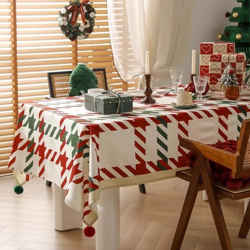 Fennco Styles Red and Green Holiday Plaid Pom Pom Christmas Tablecloth - Cotton Blend Festive Table Cover for Winter Holidays, Banquets, Family Gatherings and Special Occasions