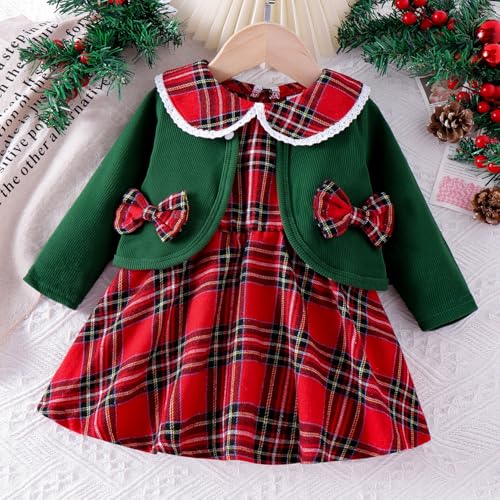stylesilove Baby Toddler Girls Red Sleeveless Christmas Plaid Dress and Green Cardigan 2pcs Winter Holiday Dressy Outfit