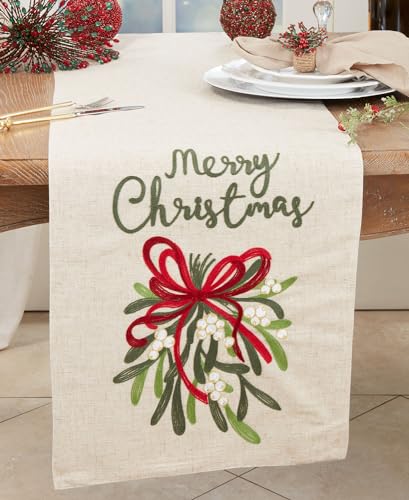 Fennco Styles Merry Christmas Ribbon Table Runner 16" W x 70" L - Natural Festive Linen Blend Table Cover for Winter Holidays Décor, Dining Table, Banquet, Family Gathering, and Special Occasions