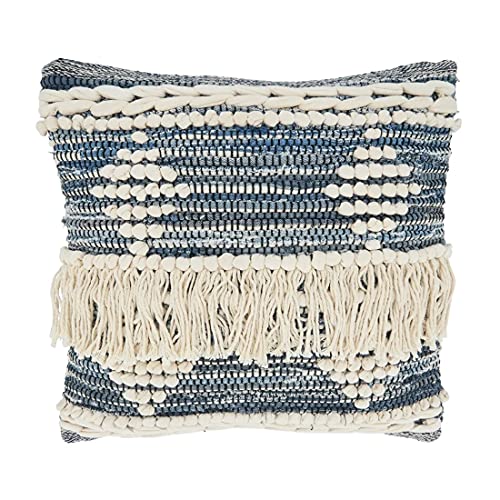 Fennco Styles Diamond Fringe Chindi Cotton Decorative Throw Pillow 18" W x 18" L - Blue Square Cushion for Home, Couch, Living Room, Bedroom, Office and Holiday Décor