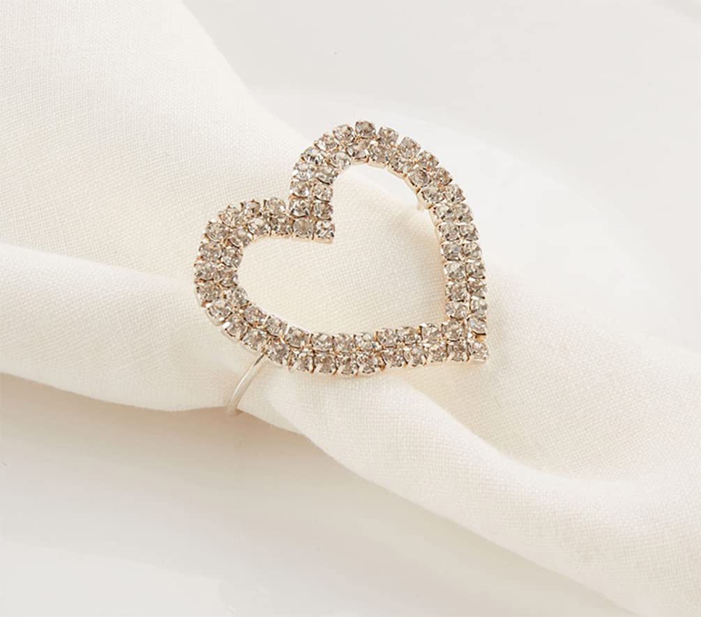 Fennco Styles Elegant Jeweled Heart Napkin Rings, Set of 4 - Silver Decorative Napkin Holder for Dining Table Décor, Holidays, Weddings, Banquets, Family Gatherings and Special Occasions