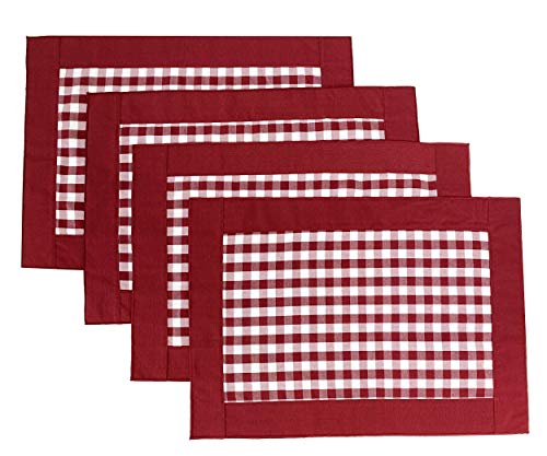 Fennco Styles Handmade Reversible Buffalo Plaid Solid Border Placemats 14" W x 20" L, Set of 4 - Check Farmhouse Table Mats for Home, Dining Table, Banquet, Gathering and Special Occasion