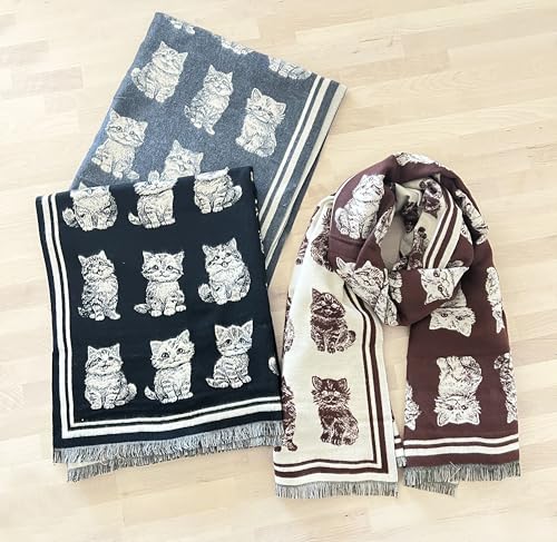 stylesilove Women Cute Kitten Print Cashmere Scarf Warm Ultra Soft Fringe Scarves Shawl Neck Wraps for Autumn and Winter