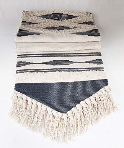Fennco Styles Geometric Design Canvas Cotton Table Runner with Tassels – 14”W x 71”L Table Cover for Home Décor, Dining Table, Banquets, Holidays and Special Occasions
