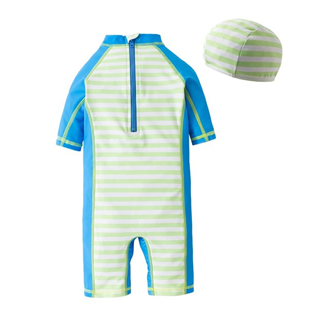 stylesilove Kid Boys Whale Shark One-Piece Short Sleeve Zipper Rash Guard & Swim Hat 2pcs Swimsuit Pool Beach Bathing Suit