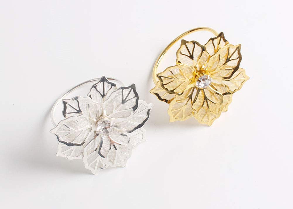 Fennco Styles Rhinestone Crystal Flower Napkin Rings Wedding Holiday Table Decoration - Set of 4