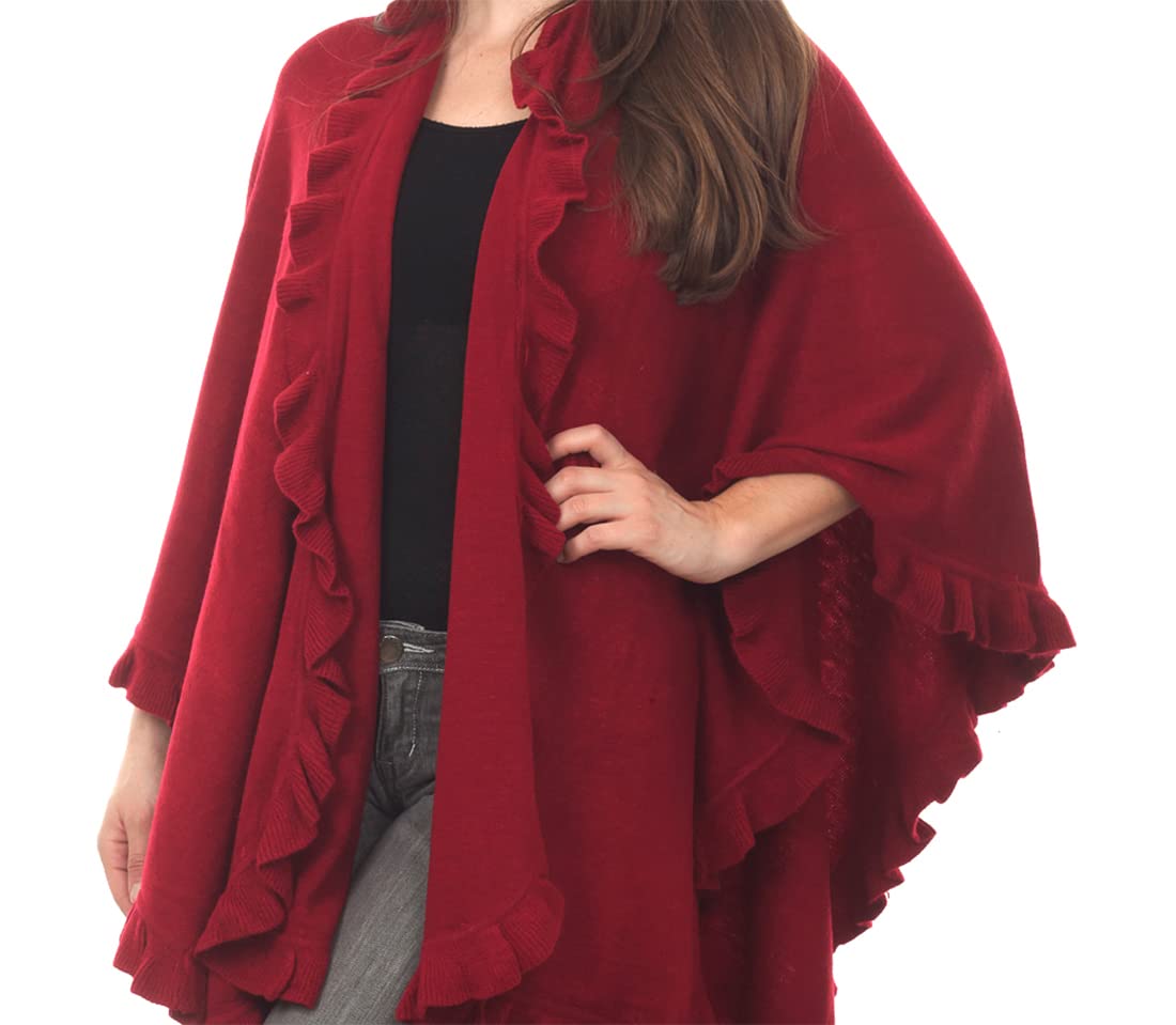 Fennco Styles Women's Ruffle Trim Knit Open Front Poncho Cape Shawl - Fall Wrap Jacket, Cozy and Stylish Layering Piece