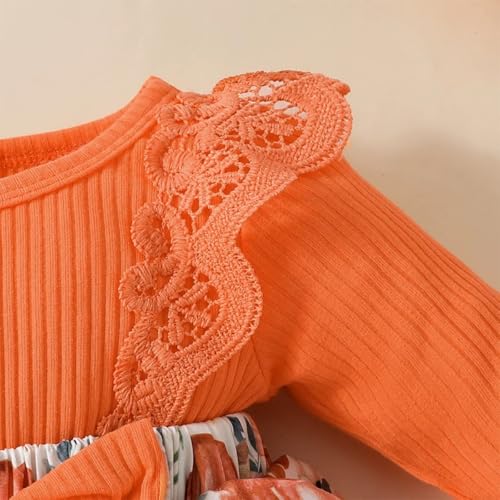 stylesilove Infant Baby Girl Orange Fall Pumpkin Long Sleeve Lace Romper Dress & Bow Headband 2pcs Autumn Harvest Outfit
