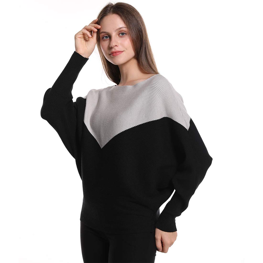 Styles I Love Women Autumn Winter Two-Tone Boat Neck Batwing Sleeve Pullover Knitted Sweater Long Sleeve Loose Top