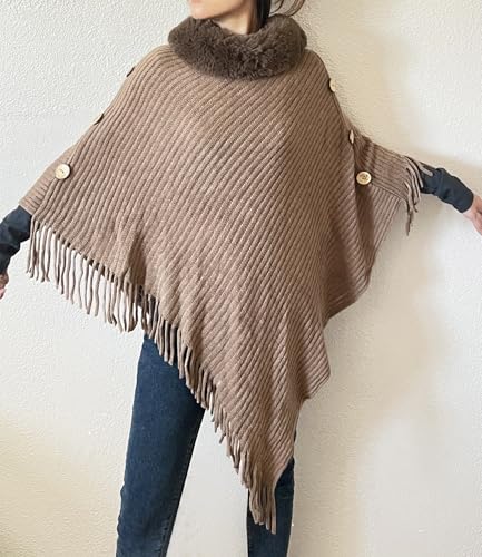 stylesilove Women Solid Knitted Faux Fur Collar Poncho with Fringe Pullover Cardigan Soft Wrap for Fall Winter Seasons
