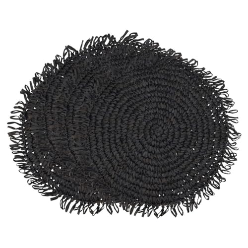 Fennco Styles Raffia Fringe Placemat 14" Round, Set of 4 - Black Woven Rustic Table Mat for Home, Dining Room, Banquets, Boho Decor, Family Gathering and Special Occasion