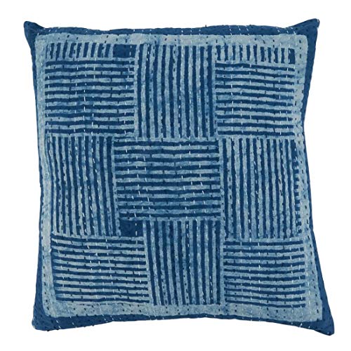 Fennco Styles Kantha Stitch Block Print Cotton Decorative Throw Pillow 22 x 22 Inch - Indigo Accent Pillow for Home, Couch, Lving Room, Bedroom and Office Décor