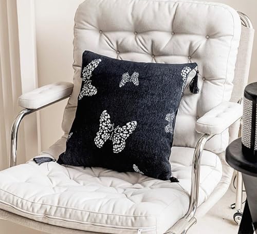 Fennco Styles Jacquard Butterfly Tassel Decorative Filled Throw Pillow 18" W X 18" L – Black Woven Square Cushion for Couch, Sofa, Bedroom, Office and Living Room Décor