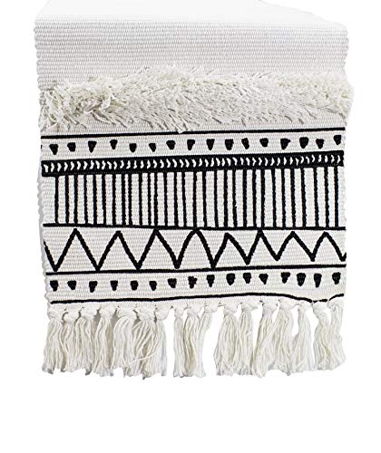 Fennco Styles Ivory Boho Tribal Textured Table Runner with Tassels - Woven Diamond Cotton Blend Table Cover for Boho Décor, Dining Table, Banquets, Family Gatherings