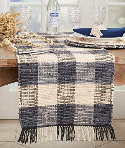 Fennco Styles Checkered Chindi Cotton Tassel Table Runner 16" W x 72" L - Navy Blue Woven Table Cover for Home, Dining Room, Banquets, Family Gatherings and Special Occasions