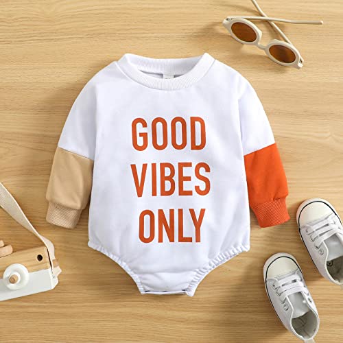 stylesilove Unisex Baby Boys Girls Good Vibes Only Long Sleeve Cotton White Sweatshirt Romper Toddler Letter Print Jumpsuit