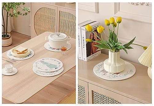 Fennco Styles Rabbit & Botanical Print Cotton Blend Woven Placemats 12" Round, Set of 4 - Cartoon Animal Design White Table Mats for Home Décor, Dining Table, Banquet, Holiday and Family Gathering