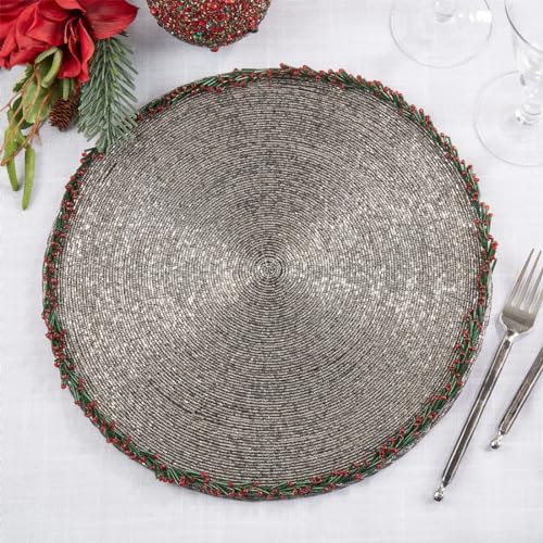 Fennco Styles Sparkly Beaded Wreath Border Holiday Placemat 15" Round, Set of 4 - Gold Glass Beads Table Mat for Home Décor, Family Gathering, Banquets, Christmas and Special Occasion