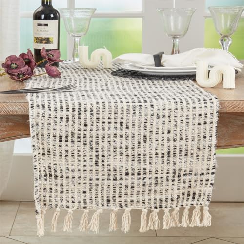 Fennco Styles Woven Textured Fringe Table Runner 16" W X 72" L - Grey Rayon Cotton Table Cover for Home Décor, Dining Table, Banquets, Family Gatherings and Special Events