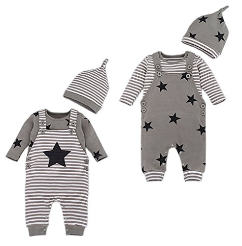 stylesilove Stripe and Stars Baby Boy T-Shirt, Overalls and Hat 3-pc